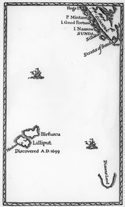 Mapa de Lilliput e Blefuscu, da primeira edição de &39;Gulliver&39;s Travels&39; de Jonathan Swift, 1726 (impressão)